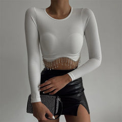 Rhinestone Tassel Slim Black Corset Top Spring O-neck WomenLong Sleeve T-shirt