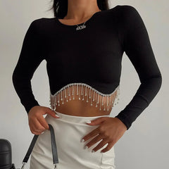 Rhinestone Tassel Slim Black Corset Top Spring O-neck WomenLong Sleeve T-shirt