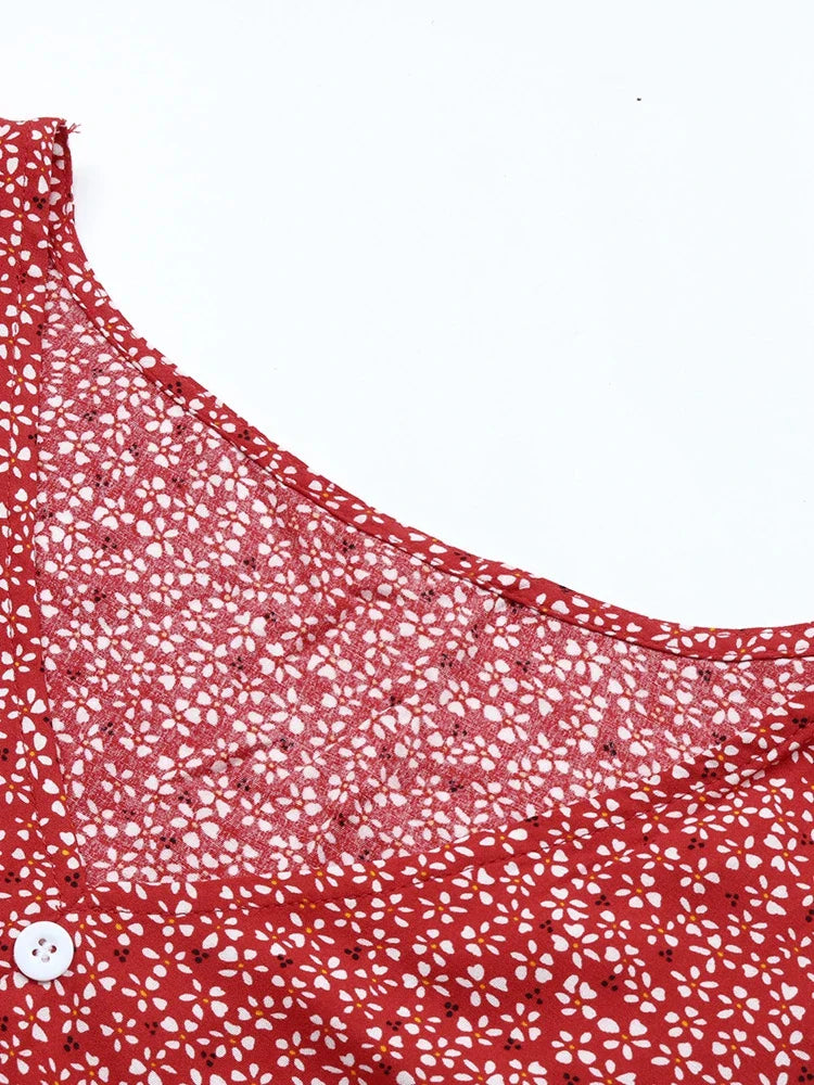 New Summer WomenLace-Up Short Sleeve Print Boho Dress