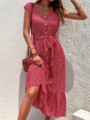 New Summer WomenLace-Up Short Sleeve Print Boho Dress