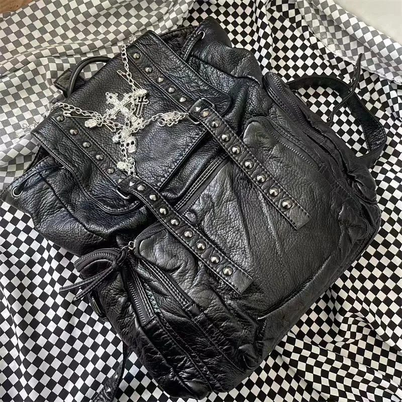 Goth Y2k Black Punk Rivet Chain Skeleton Fashion Backpack Bag