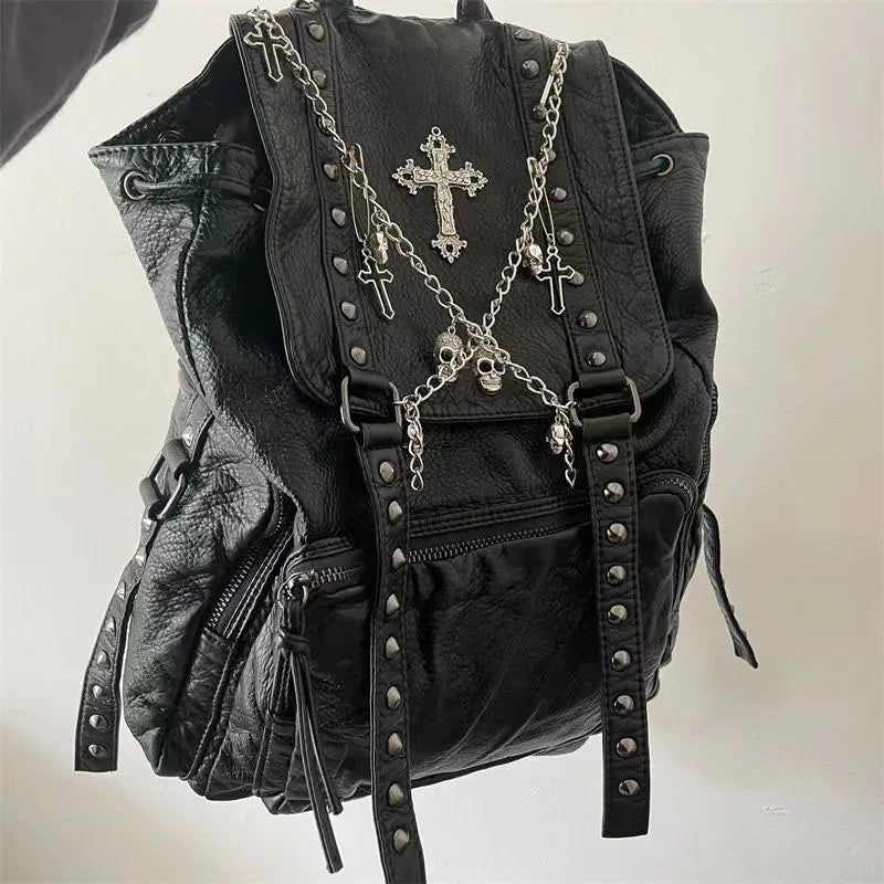 Goth Y2k Black Punk Rivet Chain Skeleton Fashion Backpack Bag