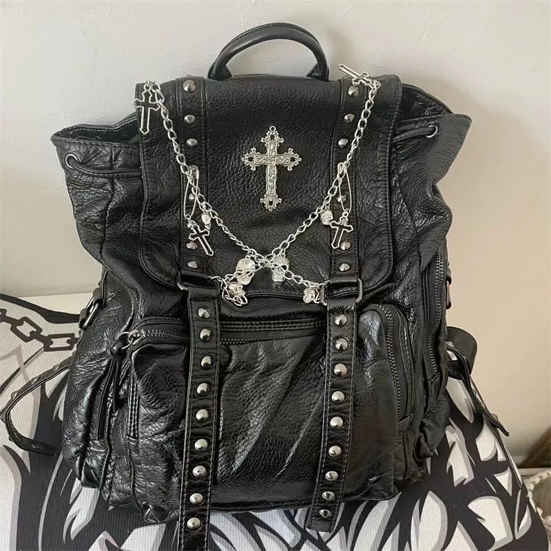 Goth Y2k Black Punk Rivet Chain Skeleton Fashion Backpack Bag