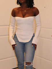 Momycharm Solid Off Shoulder Irregular Elegant Tops