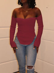 Momycharm Solid Off Shoulder Irregular Elegant Tops