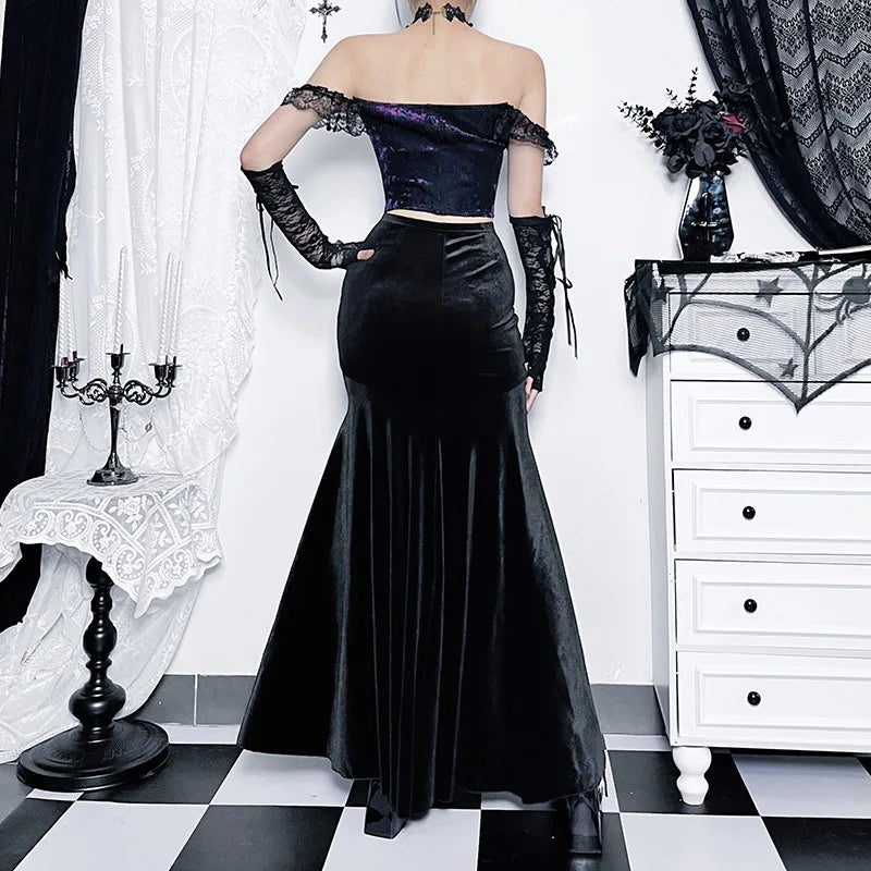 Mall Goth Velvet Fishtail Vintage Jacquard Hip Wrap Fairy Grunge Victorian Ladies SteamLong Skirt
