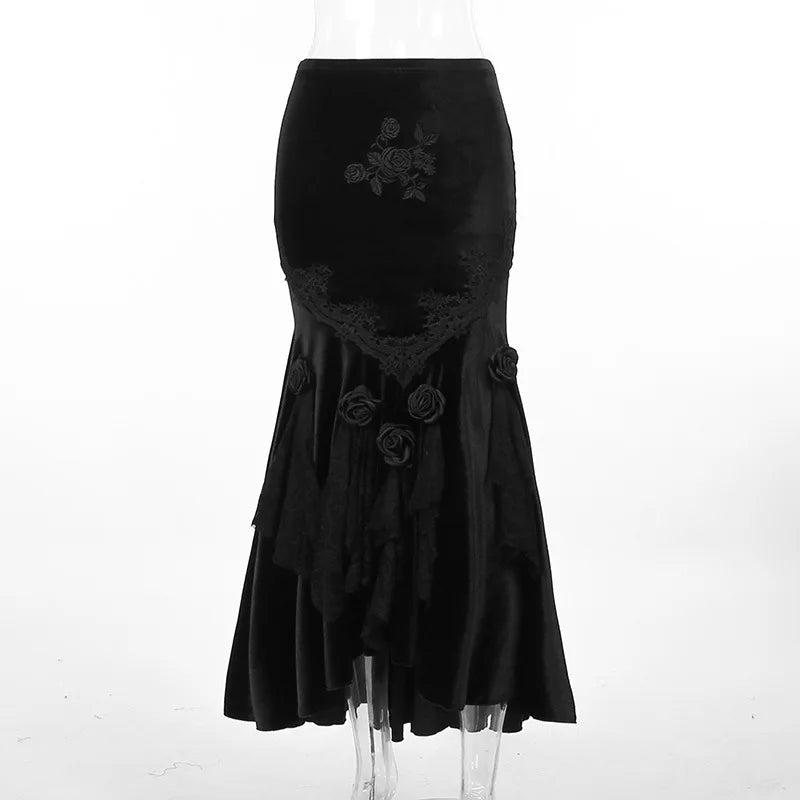 Mall Goth Velvet Fishtail Vintage Jacquard Hip Wrap Fairy Grunge Victorian Ladies SteamLong Skirt