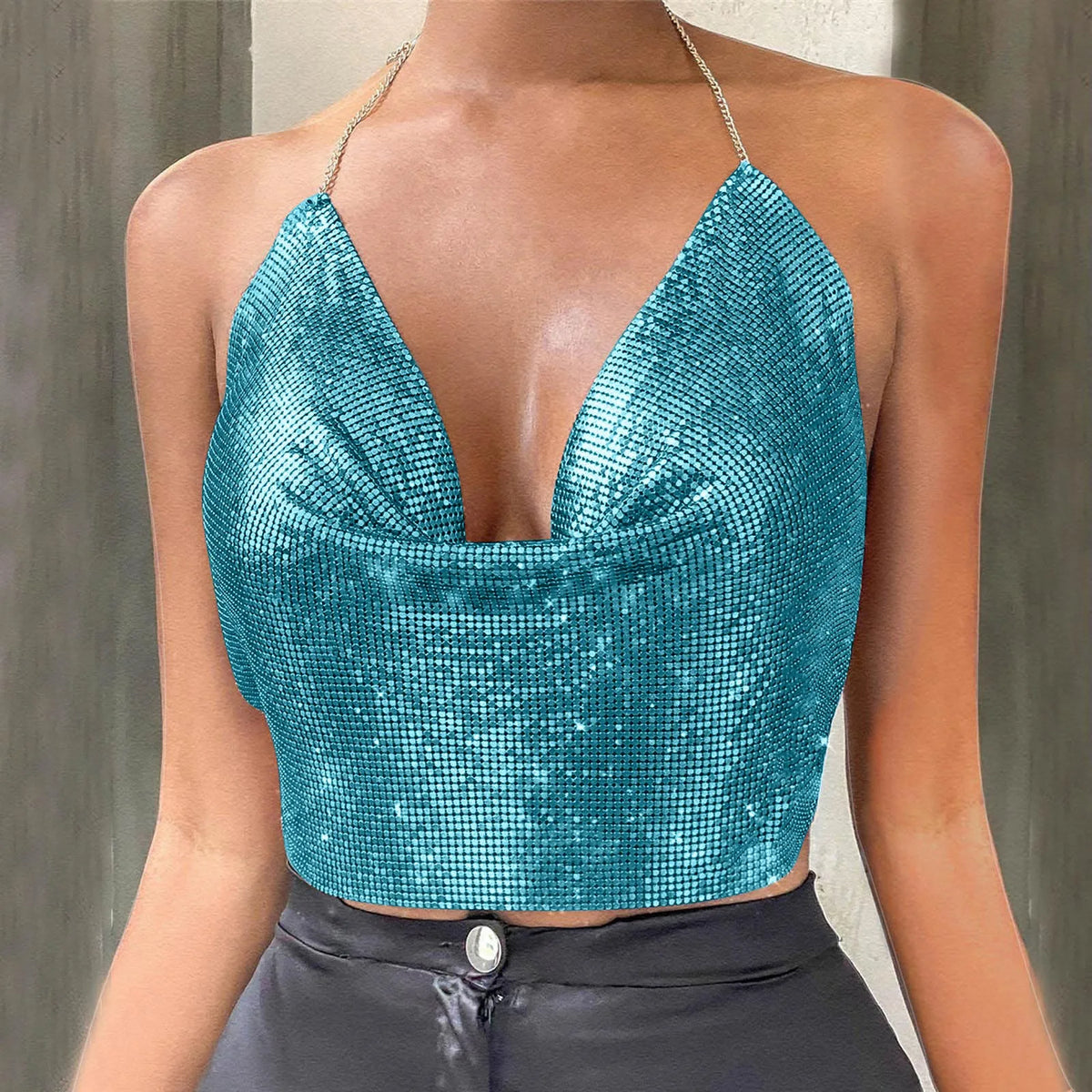 Mesh Metal Backless Nightclub Halter Party Cami Top