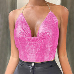 Mesh Metal Backless Nightclub Halter Party Cami Top
