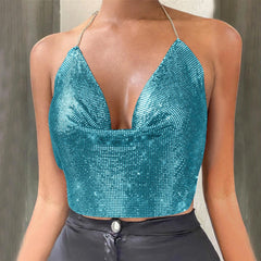 Mesh Metal Backless Nightclub Halter Party Cami Top
