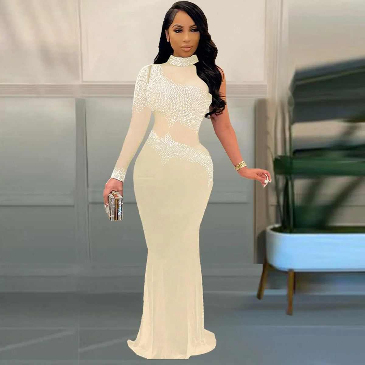 Mesh Rhinestone Elegant And Pretty Single Sleeve Maxi Party Gown Bodycon Womens Gown Dress