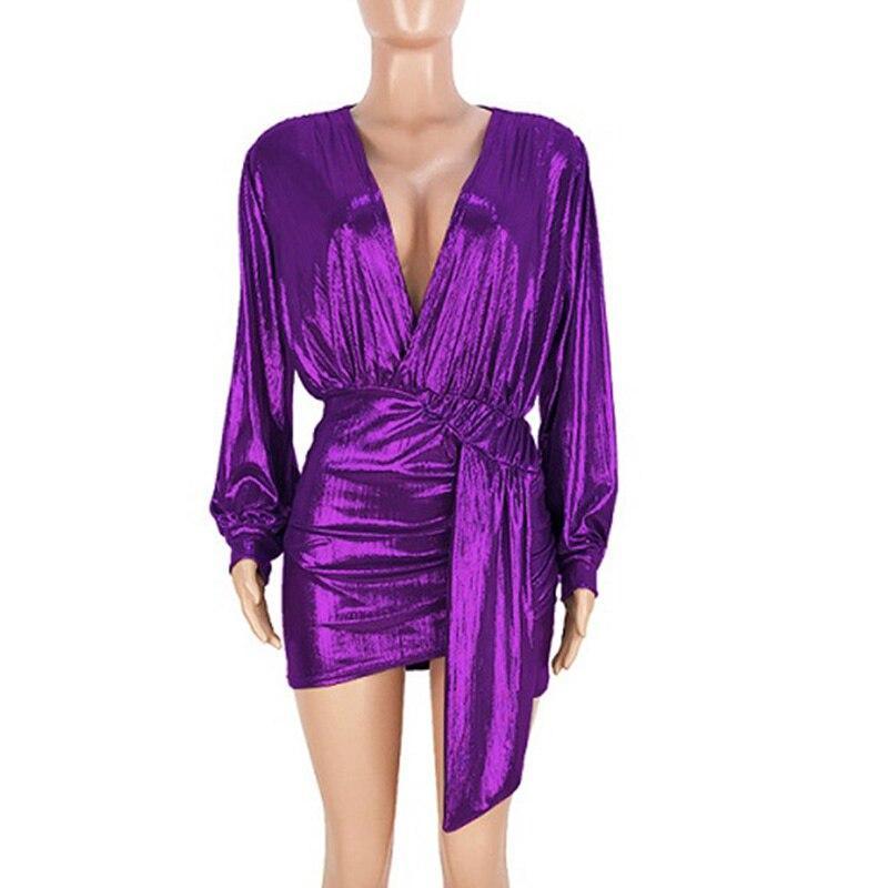 Metallic plunge party dress Lantern sleeve wrap dresses v neck sashes summer dress Back ruched irregular mini vestido