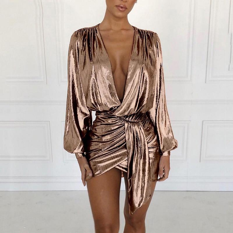 Metallic plunge party dress Lantern sleeve wrap dresses v neck sashes summer dress Back ruched irregular mini vestido