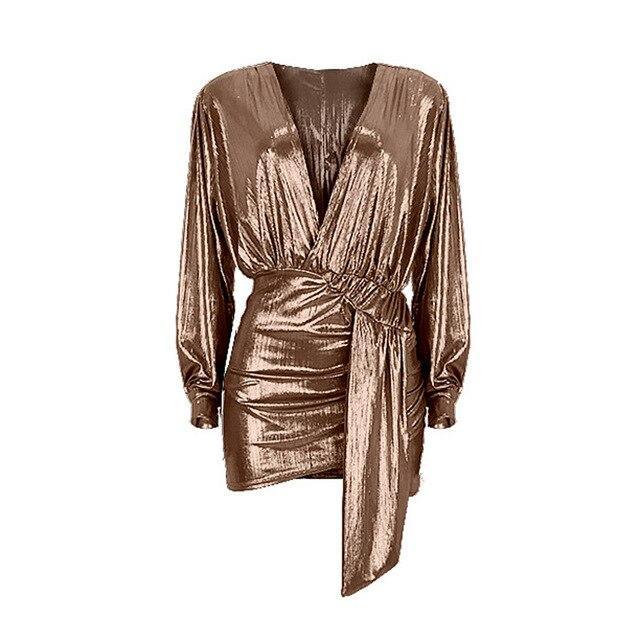 Metallic plunge party dress Lantern sleeve wrap dresses v neck sashes summer dress Back ruched irregular mini vestido