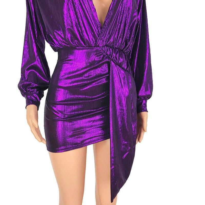 Metallic plunge party dress Lantern sleeve wrap dresses v neck sashes summer dress Back ruched irregular mini vestido