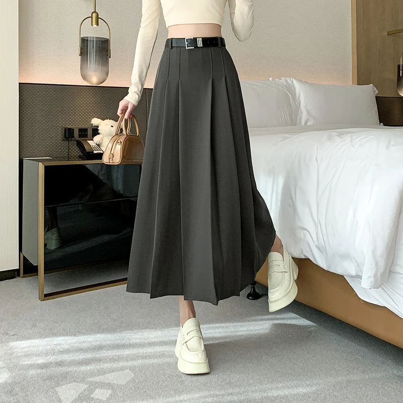 Midi Spring Summer High Waist A-line Pleated Korean Casual Long Suit Ladies Fashion Umbrella Skirt