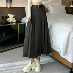 Midi Spring Summer High Waist A-line Pleated Korean Casual Long Suit Ladies Fashion Umbrella Skirt