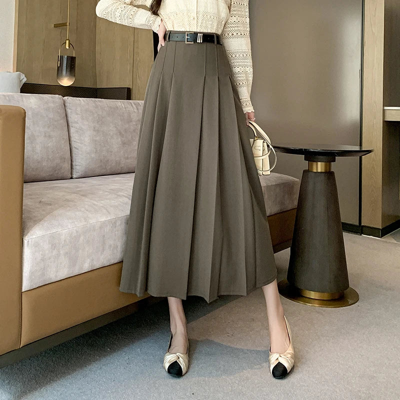 Midi Spring Summer High Waist A-line Pleated Korean Casual Long Suit Ladies Fashion Umbrella Skirt