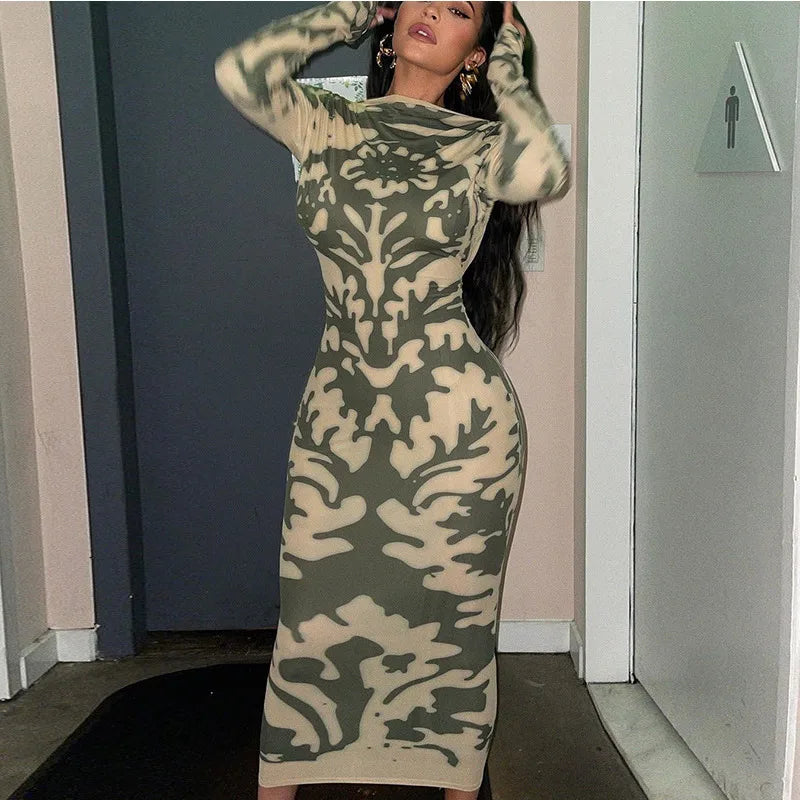 Long Sleeve Backless Camouflage Print Club Floral Dress