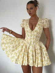 V Neck Lace-up Short Sleeve A-line Pleated Floral Dress