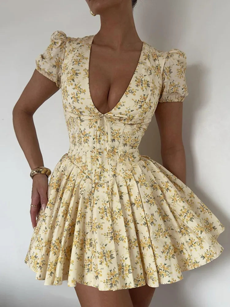 V Neck Lace-up Short Sleeve A-line Pleated Floral Dress