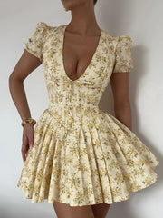 V Neck Lace-up Short Sleeve A-line Pleated Floral Dress