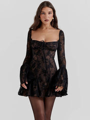 Square Collar A-line Pleated Club Party Floral Dress