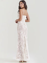 Lace Print Maxi Dress Set Spaghetti Strap Long Sleeve Lace Dress