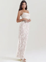 Lace Print Maxi Dress Set Spaghetti Strap Long Sleeve Lace Dress