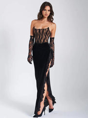 Lace Strapless Maxi Fashion Black Sleeveless Backless Bodycon Lace Dress