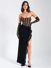 Lace Strapless Maxi Fashion Black Sleeveless Backless Bodycon Lace Dress