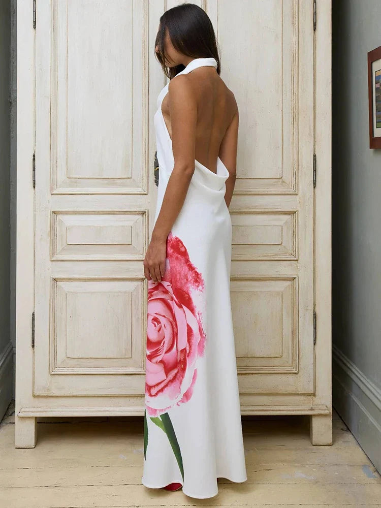 Print Long Halter Backless Sexy Maxi Floral Dress