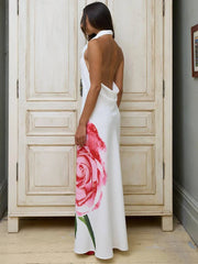 Print Long Halter Backless Sexy Maxi Floral Dress