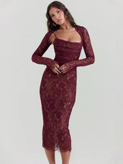 Sheer Mesh Long Sleeve Spaghetti Strap Bodycon Floral Dress