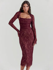 Sheer Mesh Long Sleeve Spaghetti Strap Bodycon Floral Dress