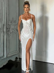 FashionSierra Sheer Mesh Maxi Dress White Spaghetti Strap Sleeveless Lace Dress