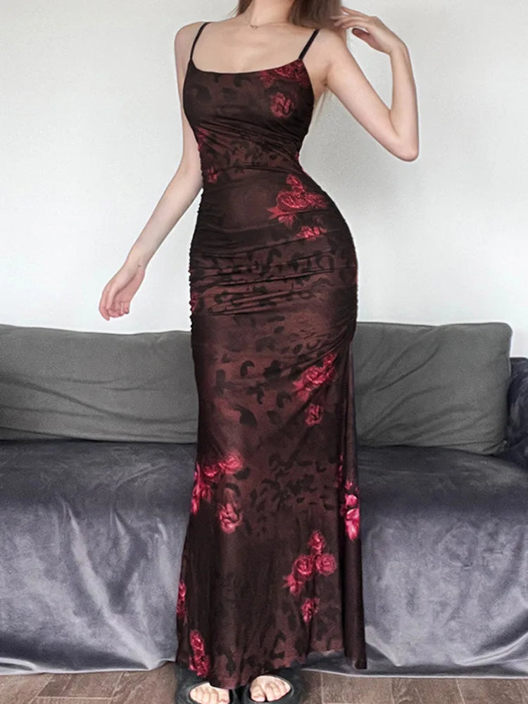 Spaghetti Strap Print Maxi Dress Sleeveless Backless Floral Dress