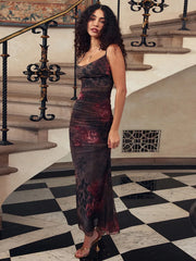 Spaghetti Strap Print Maxi Dress Sleeveless Backless Floral Dress