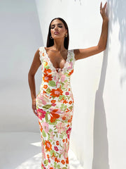 Floral Print Backless Maxi Dress Sleeveless Bodycon Floral Dress
