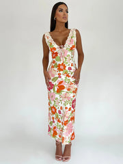 Floral Print Backless Maxi Dress Sleeveless Bodycon Floral Dress