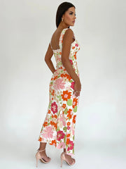 Floral Print Backless Maxi Dress Sleeveless Bodycon Floral Dress