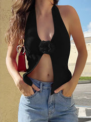 Flower Decoration Knit Halter V Neck Sleeveless Backless Party Club Cami Top