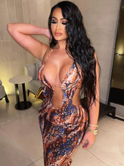 Hollow Out Halter Bodycon Long Floral Dress