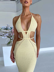 Hollow Out Halter Backless Maxi Strapless Sexy Party Knit Lace Dress
