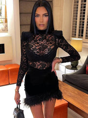 Lace Print See Through Half High Collar Mini Dress Lace Dress