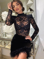 Lace Print See Through Half High Collar Mini Dress Lace Dress