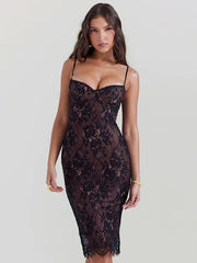 Lace Print Spaghetti Strap Midi Dress Sleeveless Backless Lace Dress