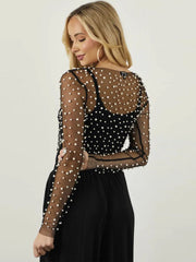 Pearl Mesh See Through T-shirt Long Sleeve Pullover Ladies Summer U Neck Tee Shirt Tops Blouse