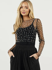 Pearl Mesh See Through T-shirt Long Sleeve Pullover Ladies Summer U Neck Tee Shirt Tops Blouse