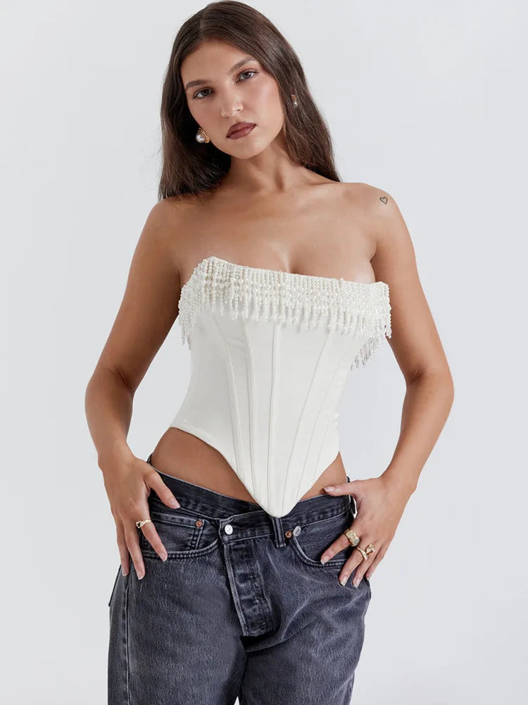 Pearl Tassel Crop Tops Off-shoulder Backless Fashion Tank Top